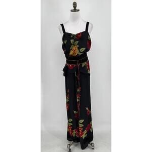 Harari Black Floral Silk Sash Wide Leg Pants Tank Top Sz XL 3 Piece Set